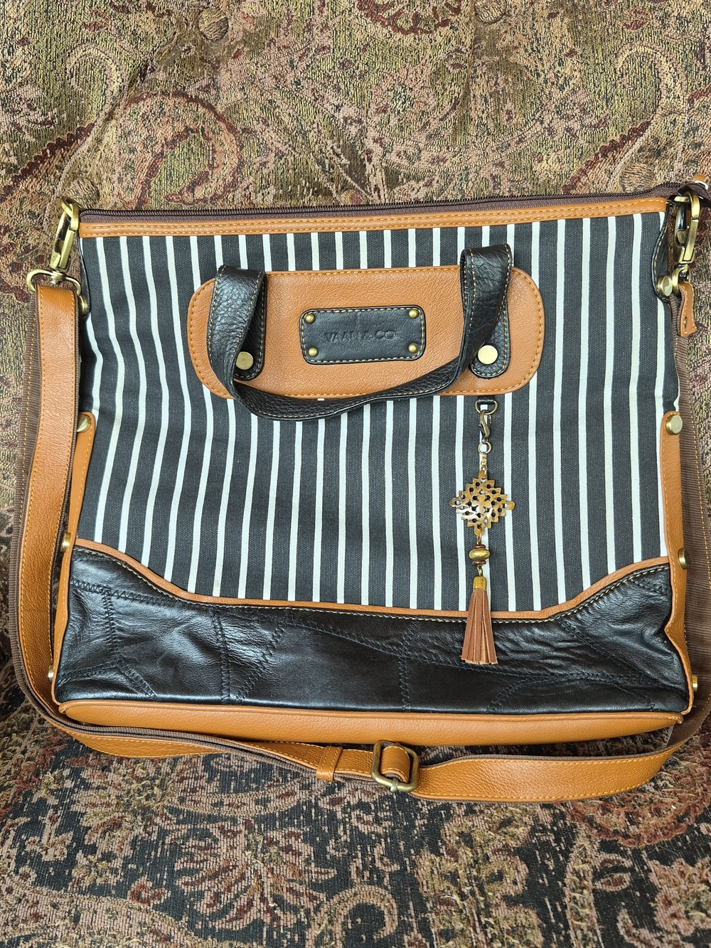 Striped Black & Tan Crossbody Bag with Tassel Charm by Vaan & Co